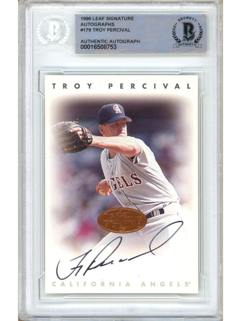 Troy Percival Signed 1996 Leaf Signatures #179 Anaheim Angels BAS Slab Auto MLB